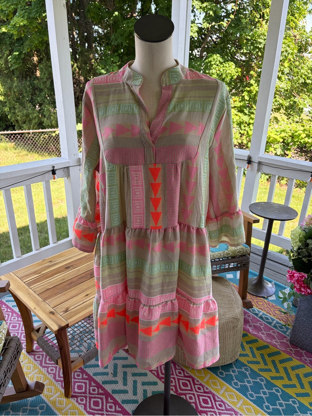 Pink & Neon Orange Geometric Tunic Dress